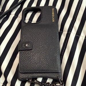 Bandolier Mika MagSafe Black Pebbled Leather Phone Case 16 ProMax—pewter finding
